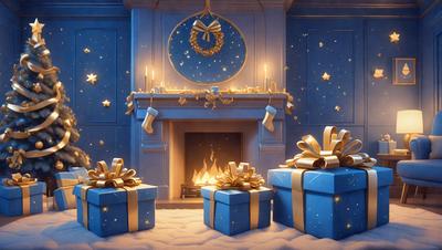 The primary subject of the image is a fireplace with a fire burning in it. The fireplace is located in a room with a blue color scheme. The setting includes a fireplace mantle with a wreath and stockings hanging on it. The visual style of the image is a digital art or illustration, creating a cozy and festive atmosphere. The dominant colors in the image are blue and gold, with the fireplace and fire adding warmth and contrast to the overall scene.